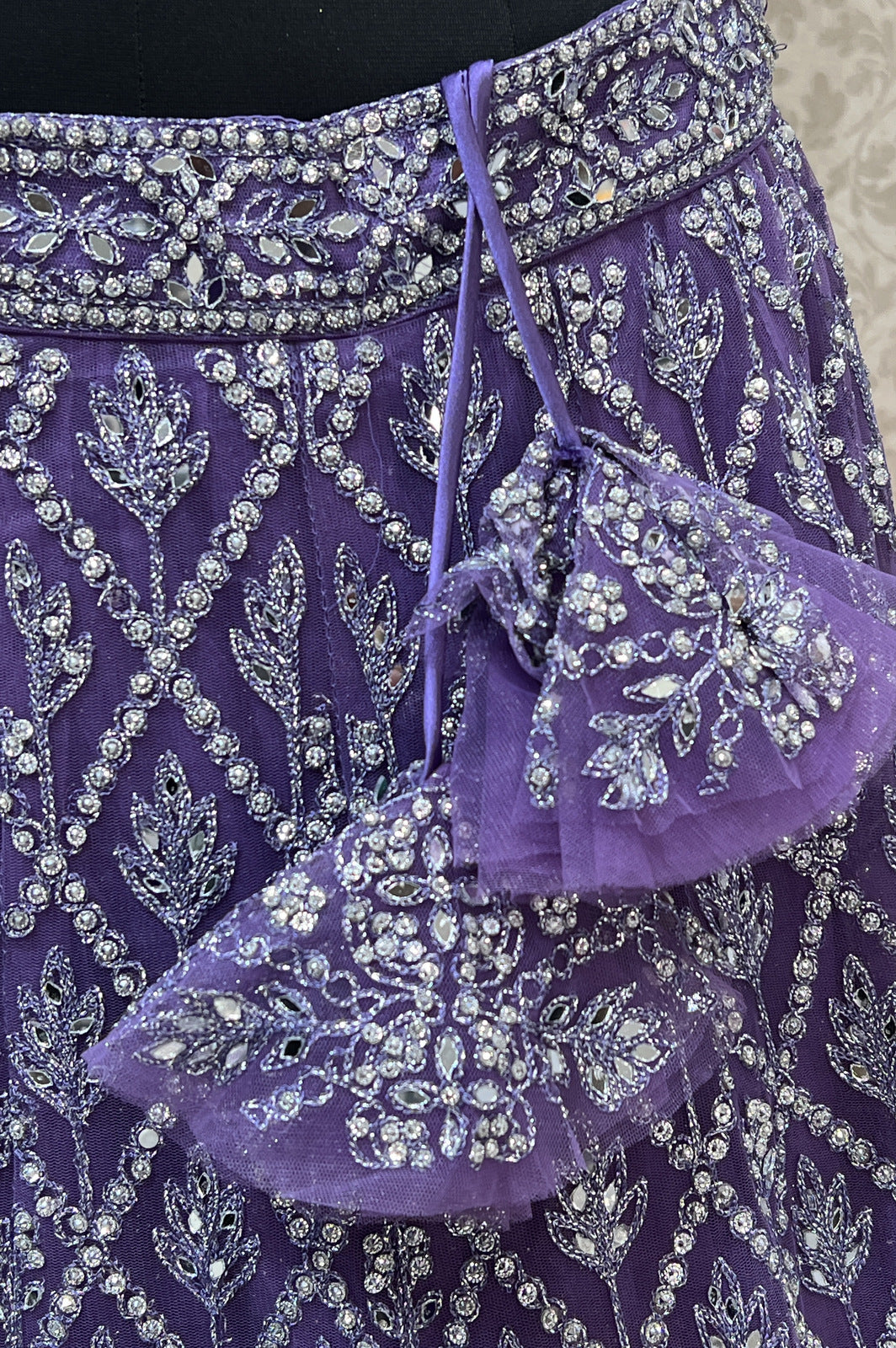 Lilac Mirror, Zari, Thread and Beads work Crop Top Designer Bridal Lehenga