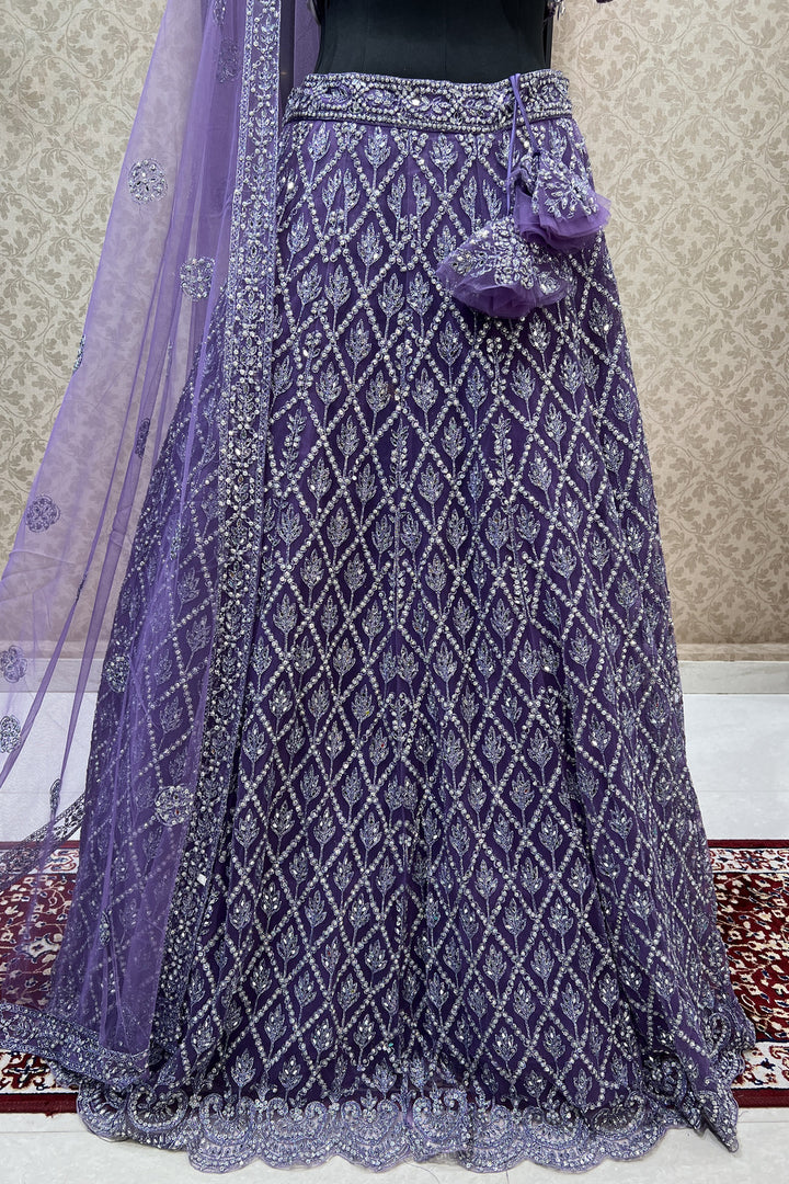 Lilac Mirror, Zari, Thread and Beads work Crop Top Designer Bridal Lehenga