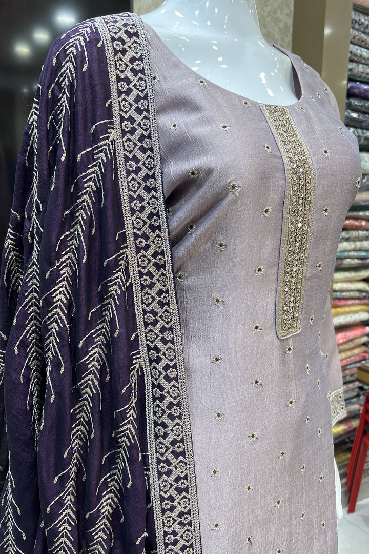 Lilac Zari, Sequins, Mirror, Beads and Zardozi work Straight Cut Salwar Suit