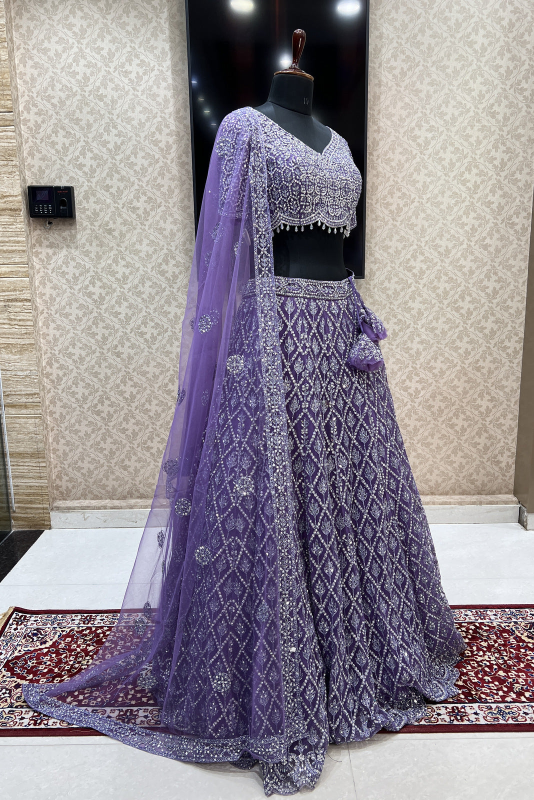 Lilac Mirror, Zari, Thread and Beads work Crop Top Designer Bridal Lehenga