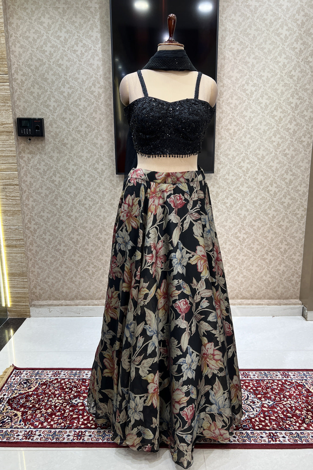 Black Sequins and Beads work with Floral Print Crop Top Lehenga