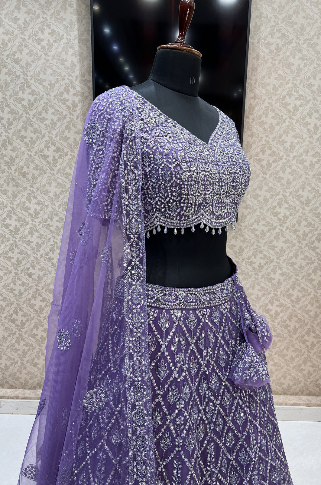 Lilac Mirror, Zari, Thread and Beads work Crop Top Designer Bridal Lehenga