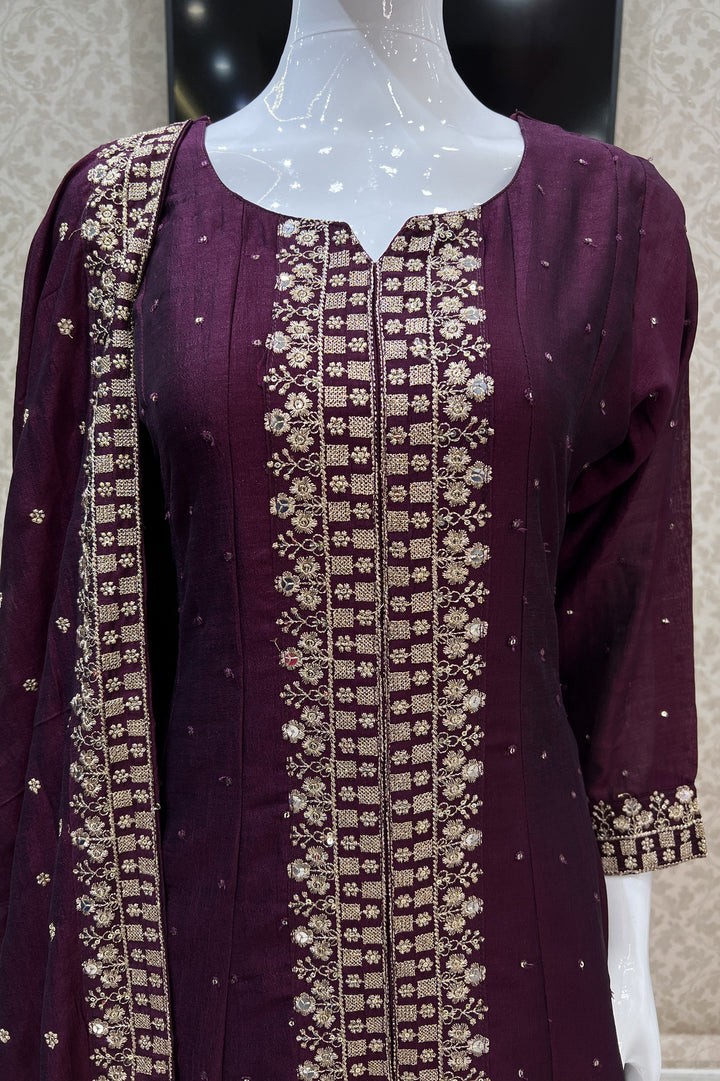 Wine Zari Thread and Sequins work Anarkali Style Salwar Suit