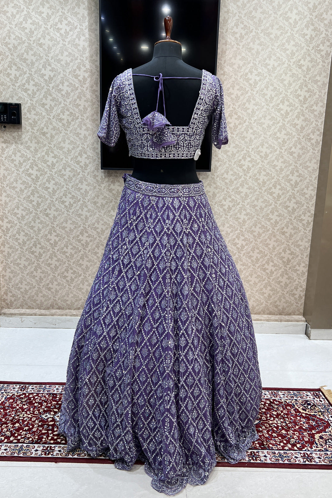 Lilac Mirror, Zari, Thread and Beads work Crop Top Designer Bridal Lehenga