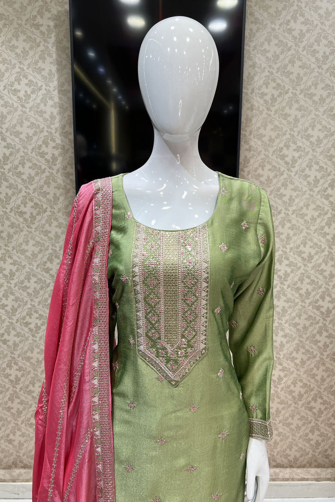 Pista Green Sequins, Zari and Thread work Straight Cut Salwar Suit