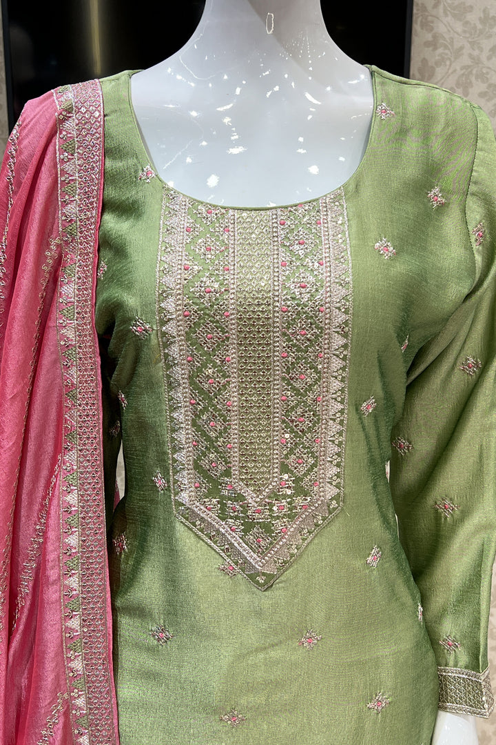 Pista Green Sequins, Zari and Thread work Straight Cut Salwar Suit