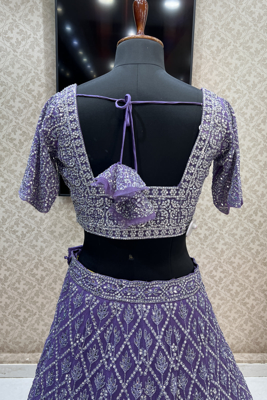 Lilac Mirror, Zari, Thread and Beads work Crop Top Designer Bridal Lehenga