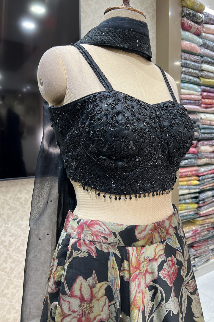 Black Sequins and Beads work with Floral Print Crop Top Lehenga