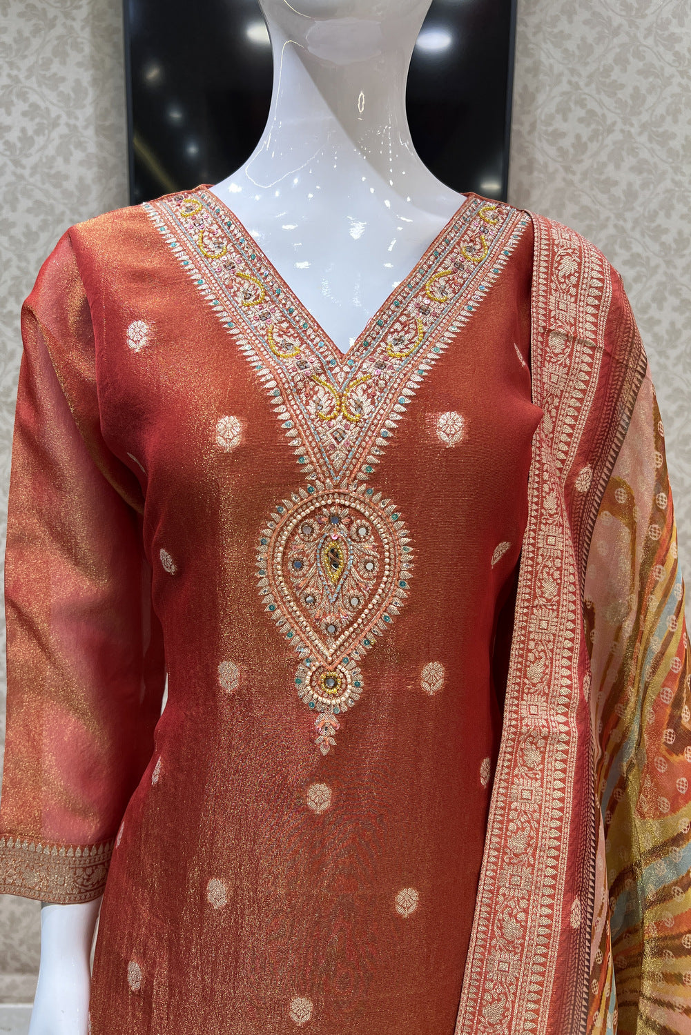 Brick Red Banaras, Beads, Mirror and Stone work Straight Cut Salwar Suit