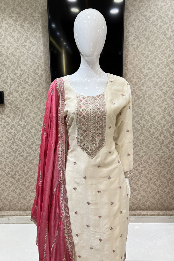 Cream Sequins, Zari and Thread work Straight Cut Salwar Suit