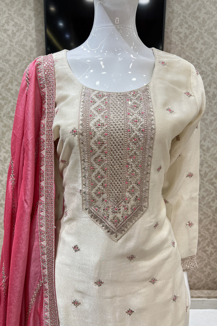 Cream Sequins, Zari and Thread work Straight Cut Salwar Suit