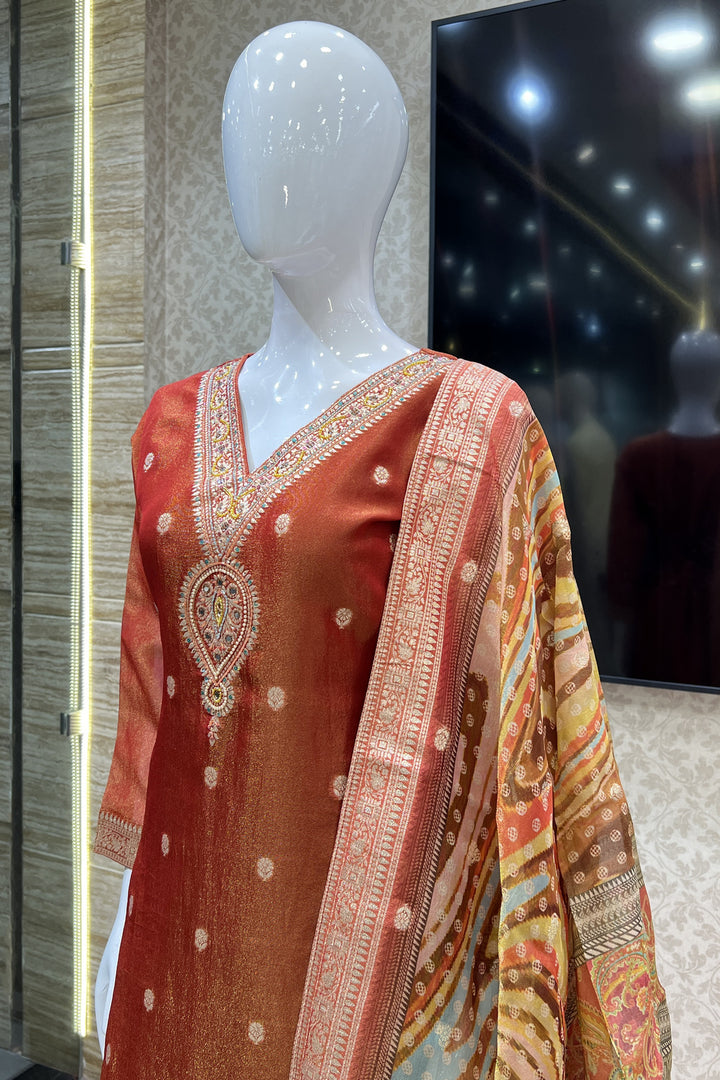 Brick Red Banaras, Beads, Mirror and Stone work Straight Cut Salwar Suit