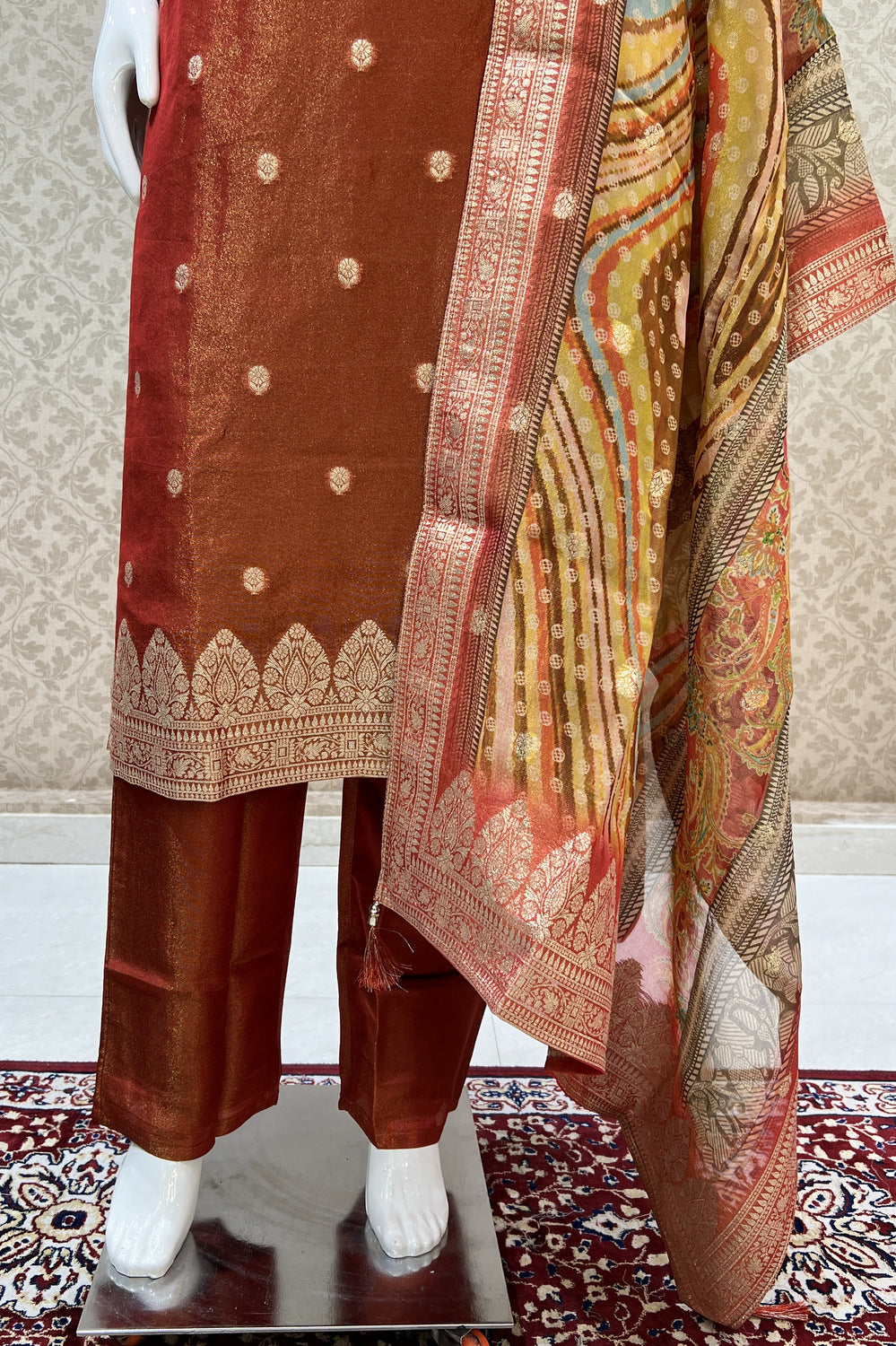 Brick Red Banaras, Beads, Mirror and Stone work Straight Cut Salwar Suit