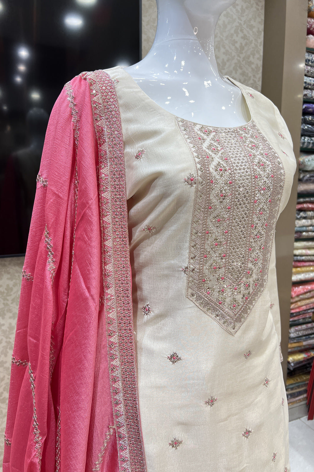 Cream Sequins, Zari and Thread work Straight Cut Salwar Suit