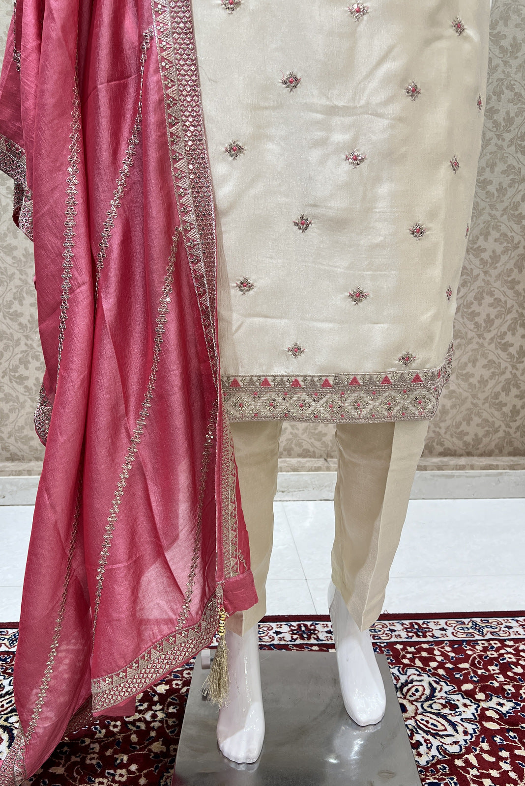 Cream Sequins, Zari and Thread work Straight Cut Salwar Suit