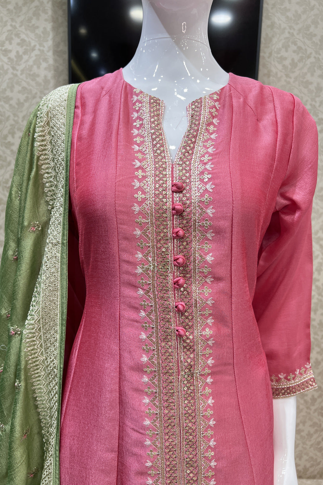 Pink Zari Thread and Sequins work Anarkali Style Salwar Suit
