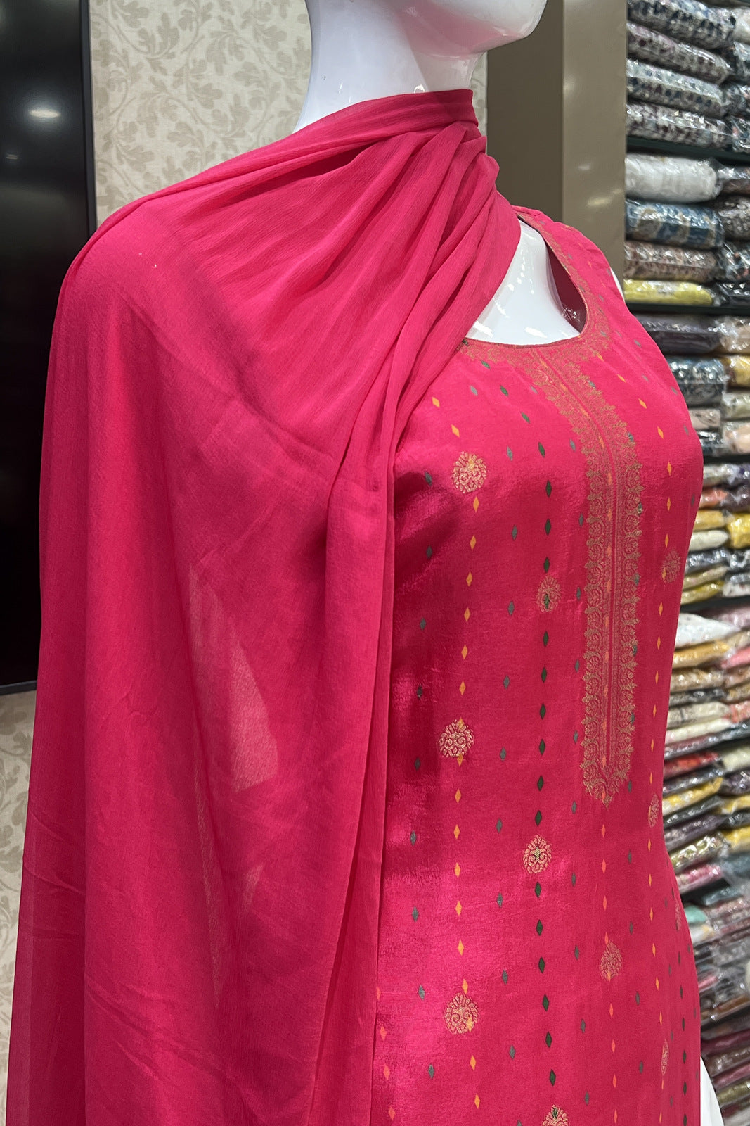 Pink Banaras work with Digital Print Straight Cut Salwar Suit