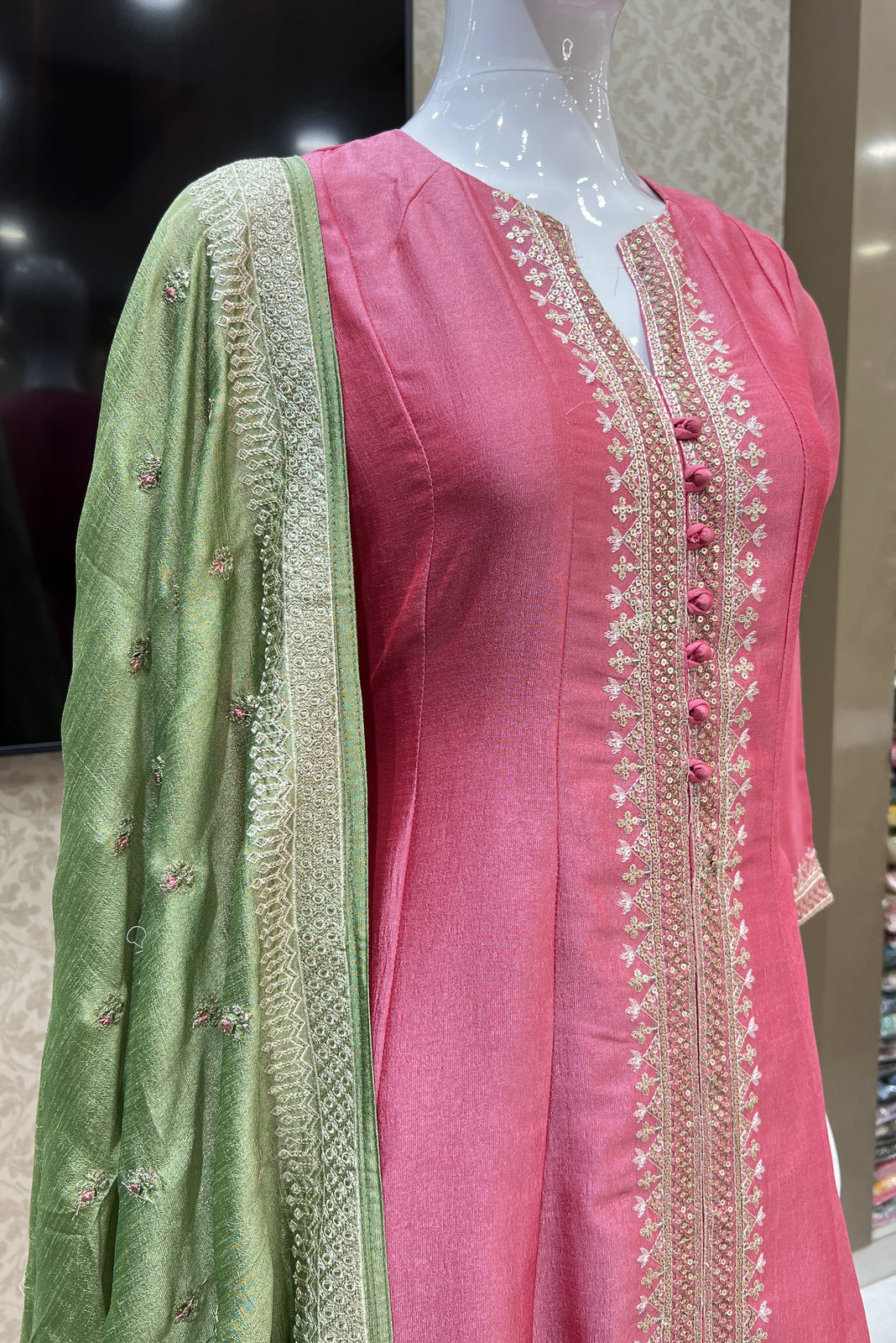 Pink Zari Thread and Sequins work Anarkali Style Salwar Suit