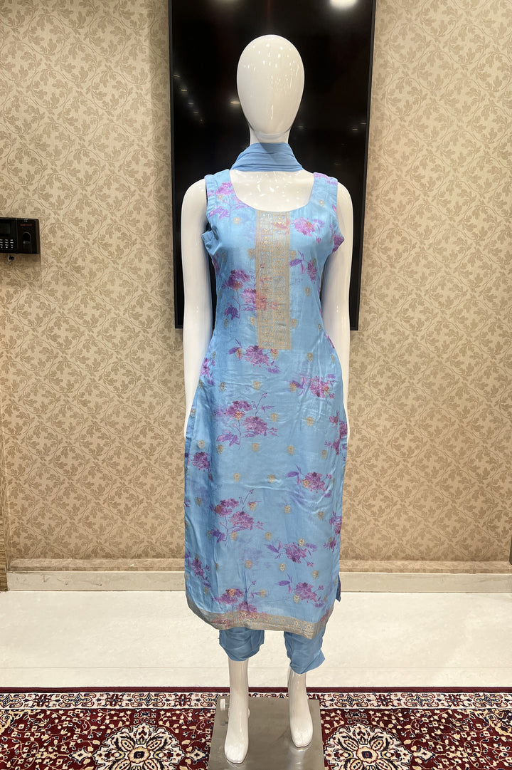 Sky Blue Banaras work with Floral Print Straight Cut Salwar Suit