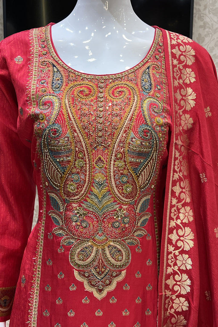 Red Beads, Sequins and Banaras work Straight Cut Salwar Suit