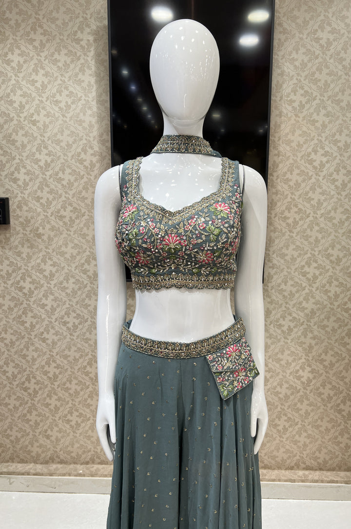 Pastel Green Stone, Beads and Embroidery work Crop Top with Palazzo Pant