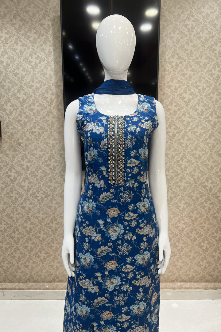 Indigo Blue Mirror, Sequins and Mirror work with Digital Print Straight Cut Salwar Suit