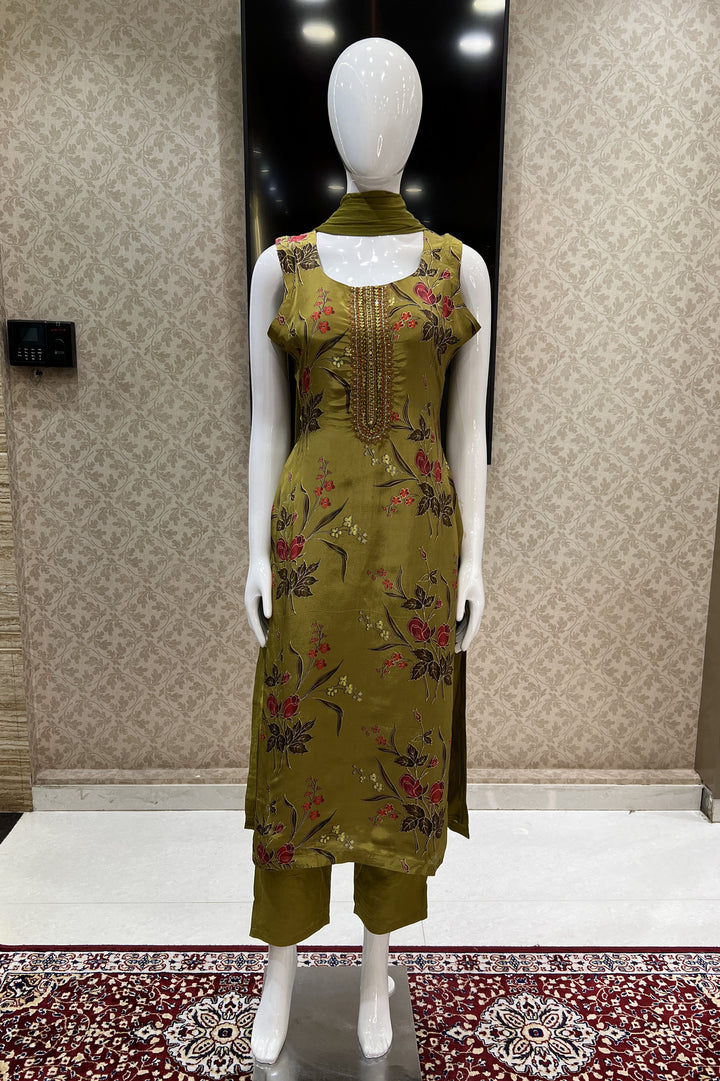 Olive Green Mirror, Thread and Stone work with Floral Print Straight Cut Salwar Suit