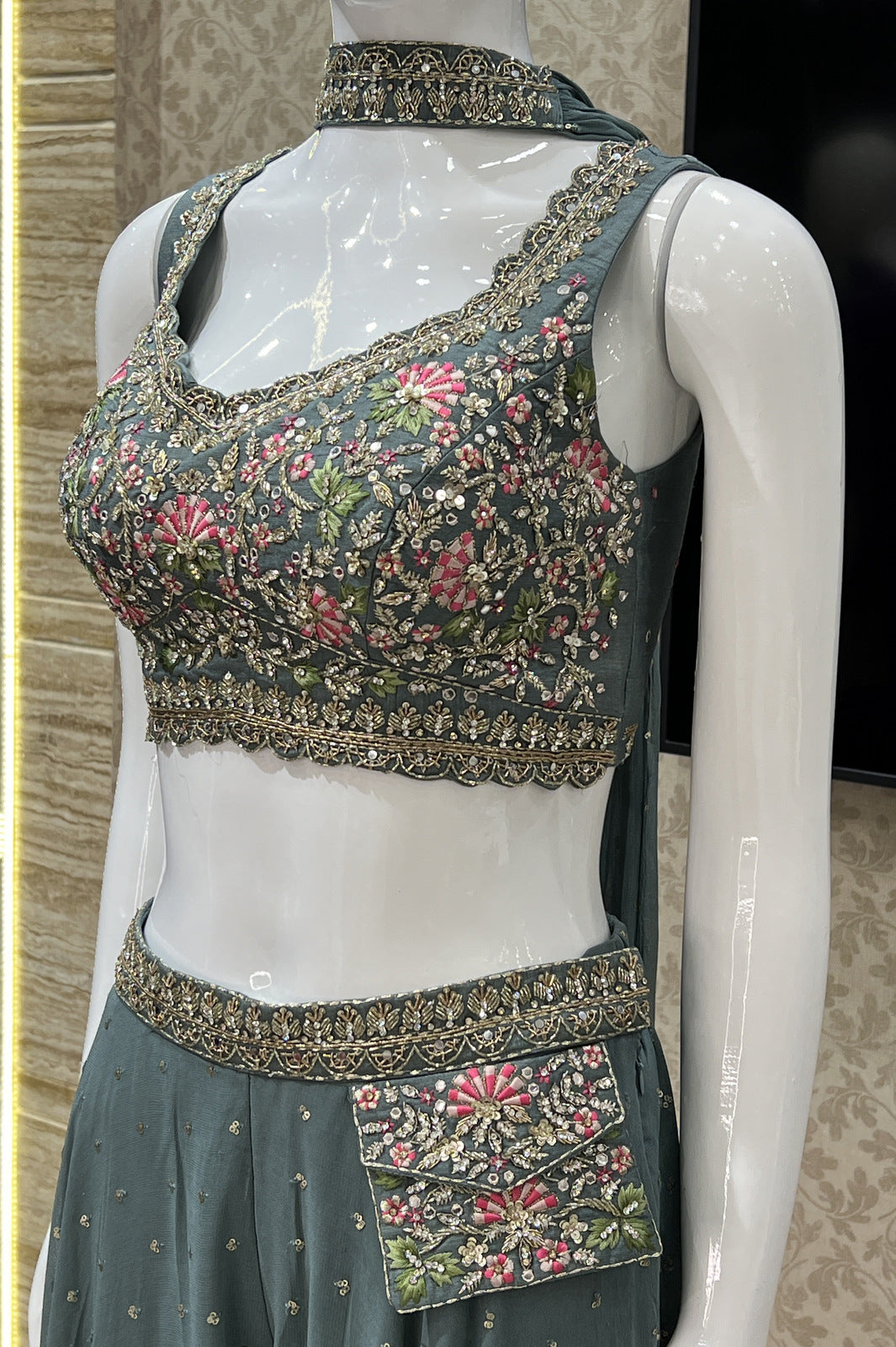 Pastel Green Stone, Beads and Embroidery work Crop Top with Palazzo Pant