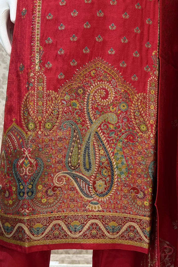 Red Beads, Sequins and Banaras work Straight Cut Salwar Suit