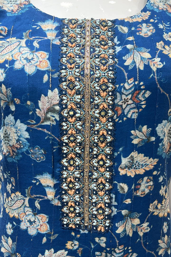 Indigo Blue Mirror, Sequins and Mirror work with Digital Print Straight Cut Salwar Suit