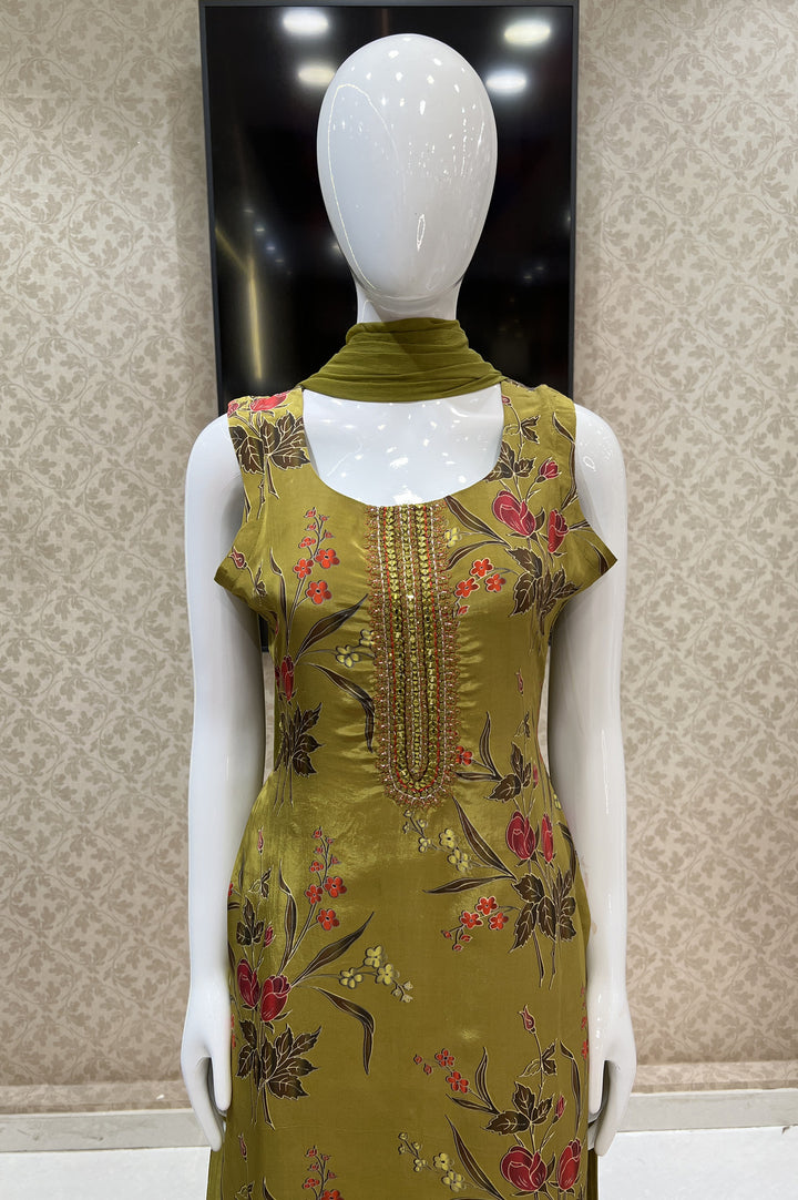 Olive Green Mirror, Thread and Stone work with Floral Print Straight Cut Salwar Suit