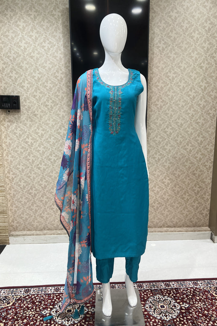 Rama Green Stone and Multicolor Thread work Straight Cut Salwar Suit