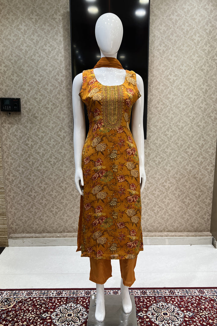 Mustard Mirror, Thread and Stone work with Floral Print Straight Cut Salwar Suit