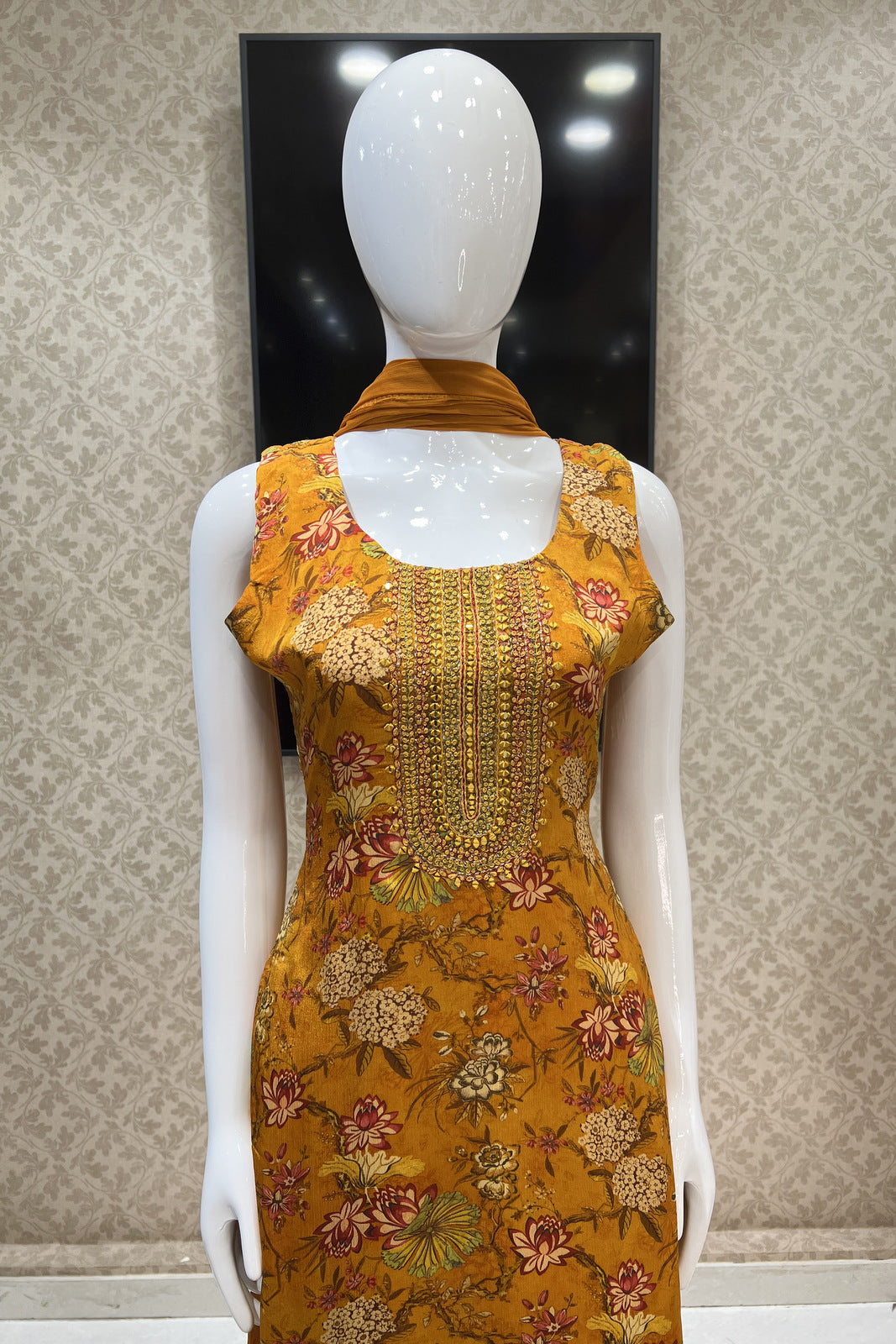 Mustard Mirror, Thread and Stone work with Floral Print Straight Cut Salwar Suit