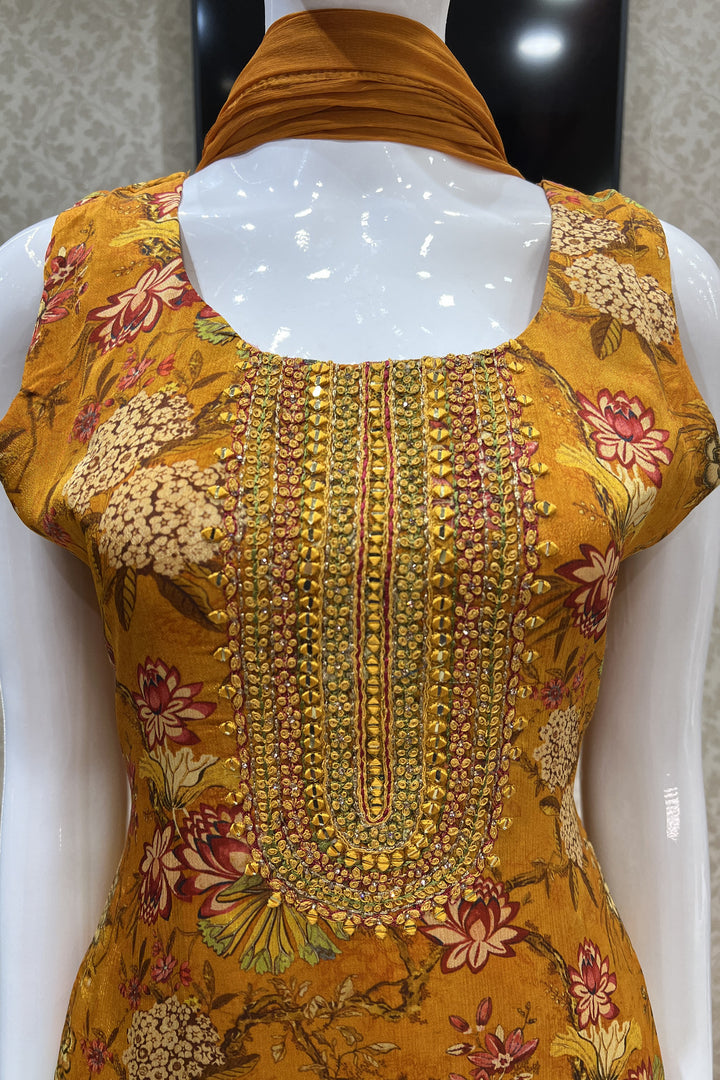 Mustard Mirror, Thread and Stone work with Floral Print Straight Cut Salwar Suit