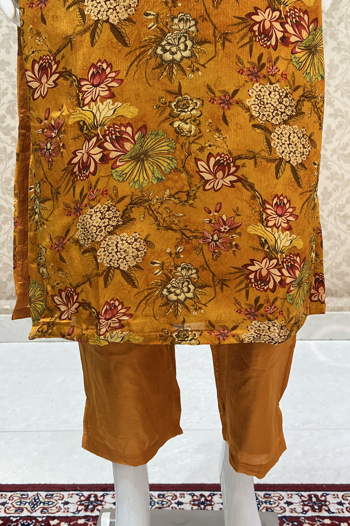 Mustard Mirror, Thread and Stone work with Floral Print Straight Cut Salwar Suit