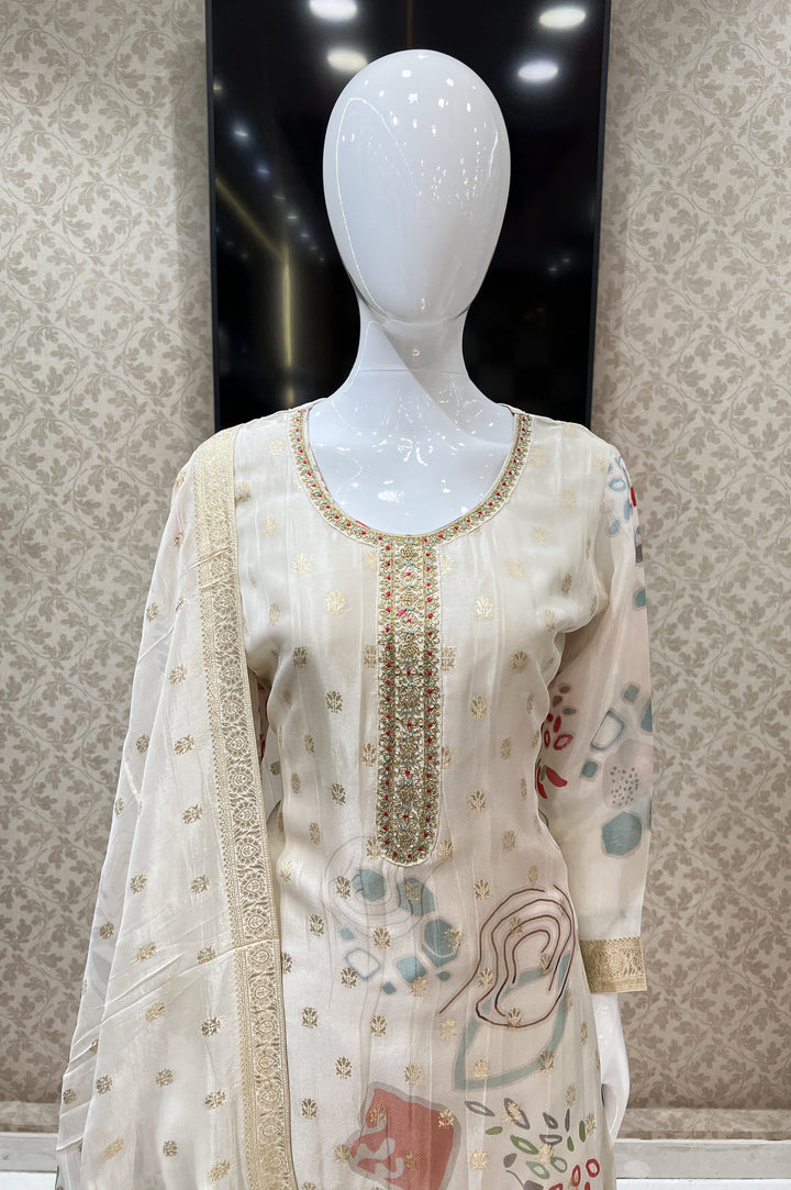 Cream Banaras, Zardozi and Beads work Organza Straight Cut Salwar Suit