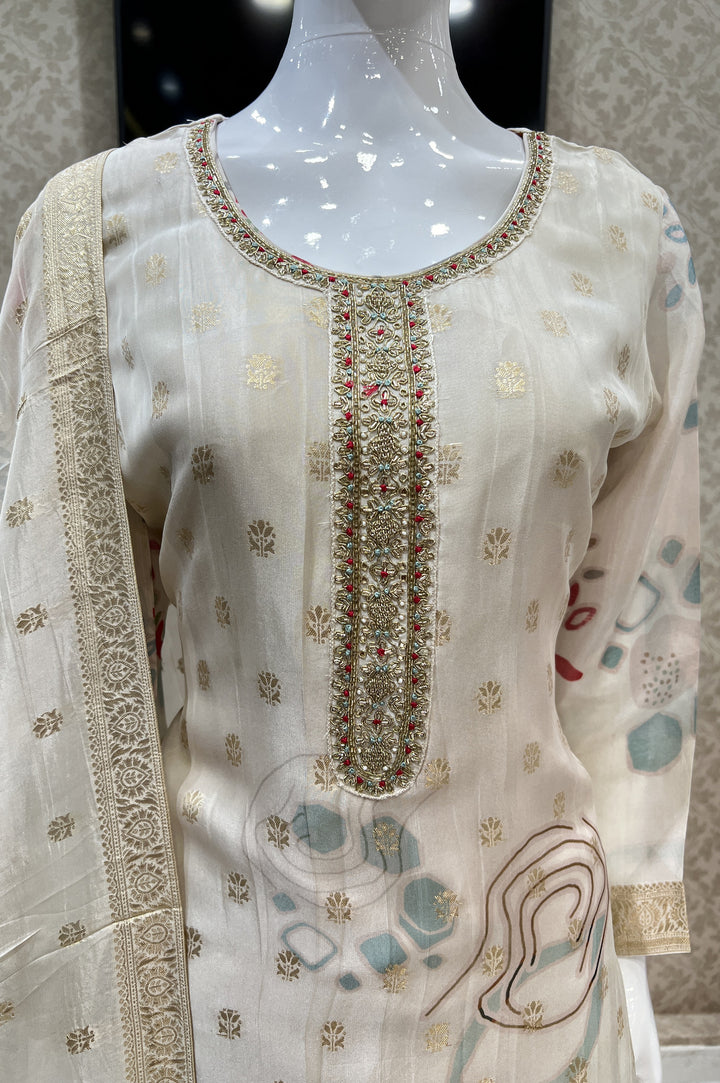 Cream Banaras, Zardozi and Beads work Organza Straight Cut Salwar Suit