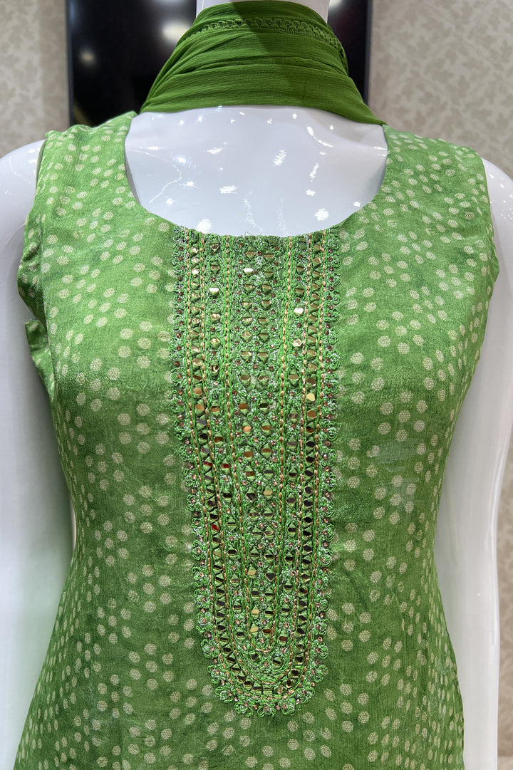 Green Mirror, Thread and Stone work with Digital Print Straight Cut Salwar Suit