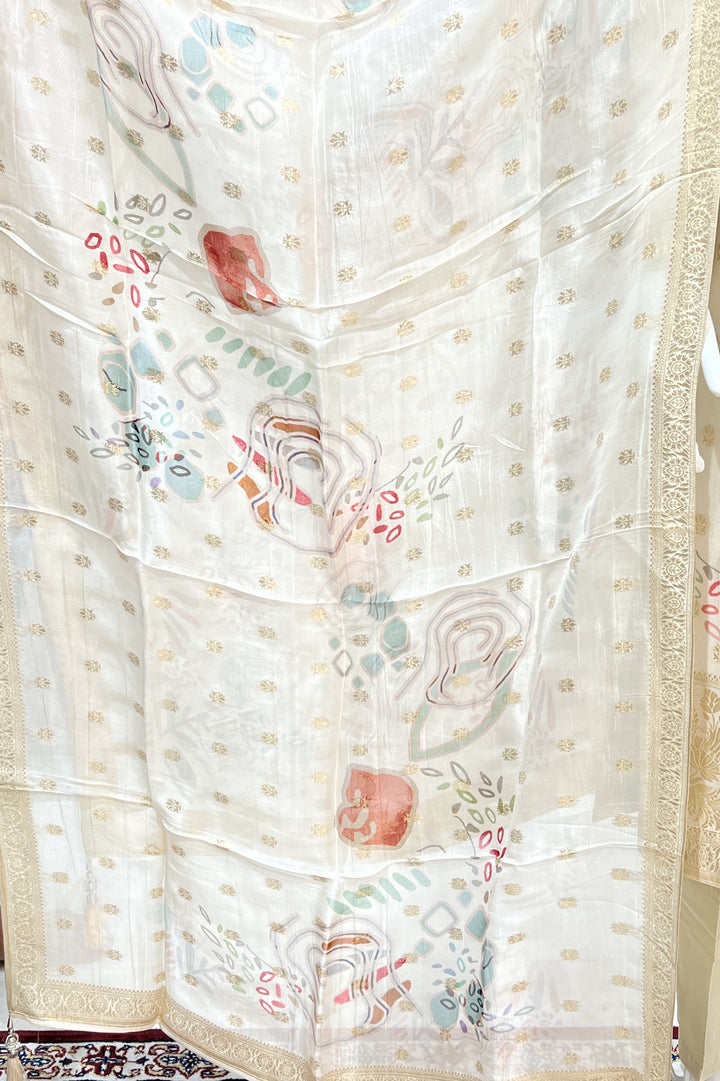 Cream Banaras, Zardozi and Beads work Organza Straight Cut Salwar Suit