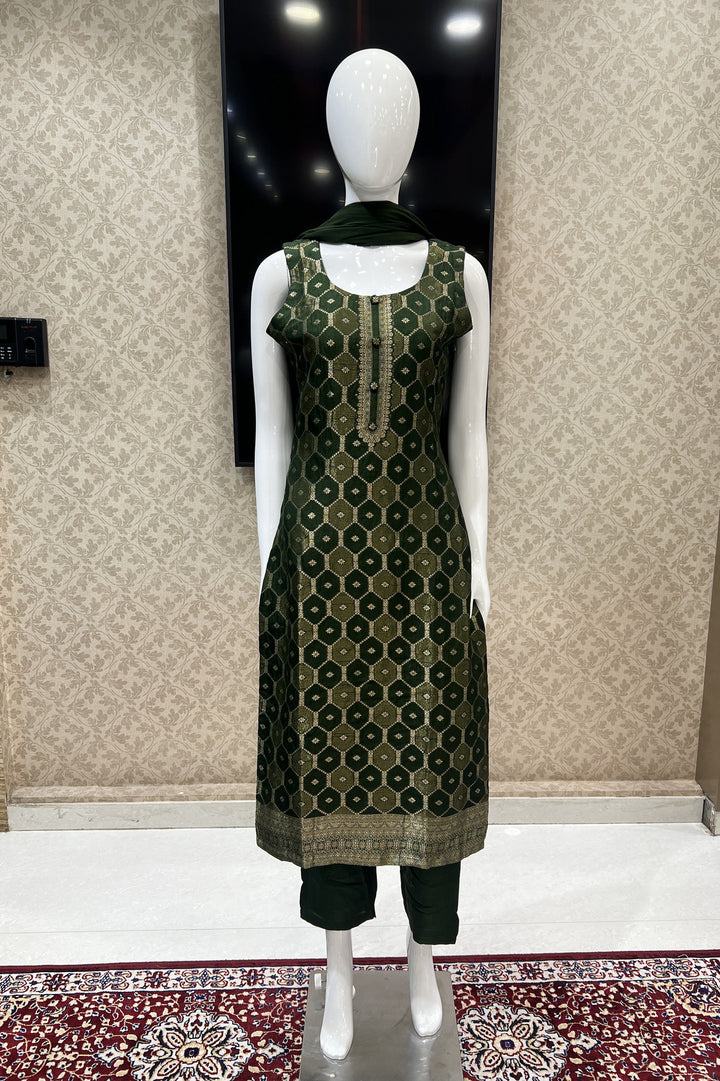 Bottle Green Banaras work Straight Cut Salwar Suit