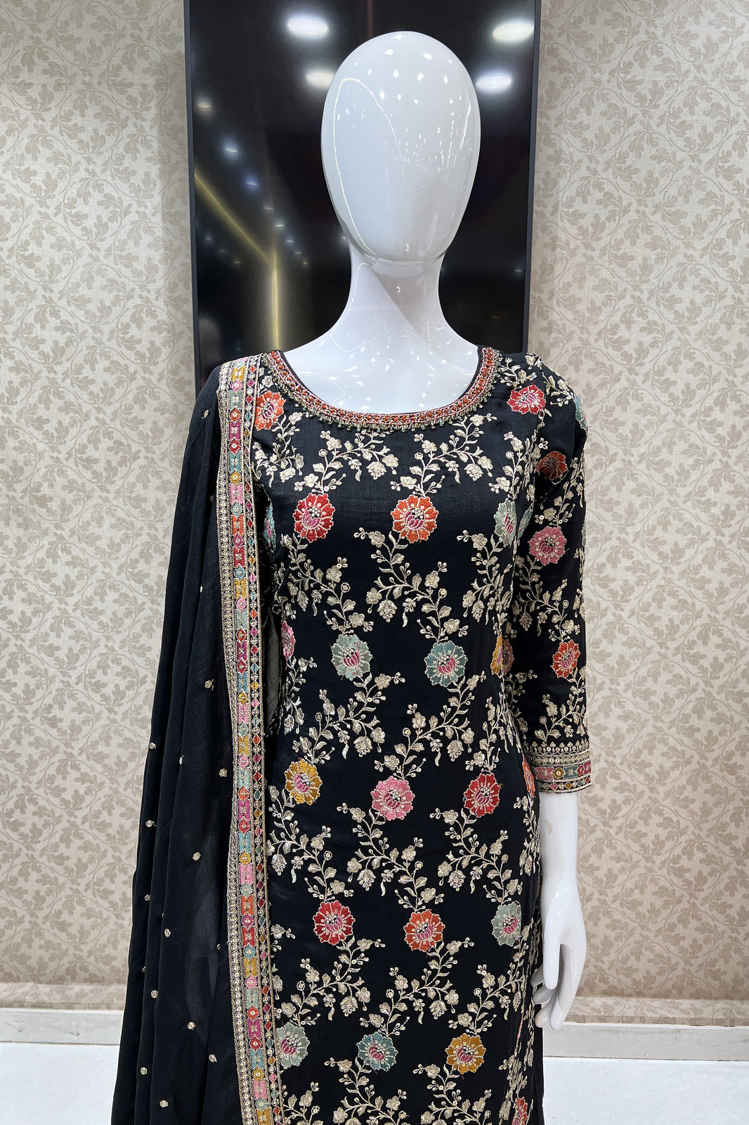 Black Embroidery, Zari, Beads and Sequins work Straight Cut Salwar Suit