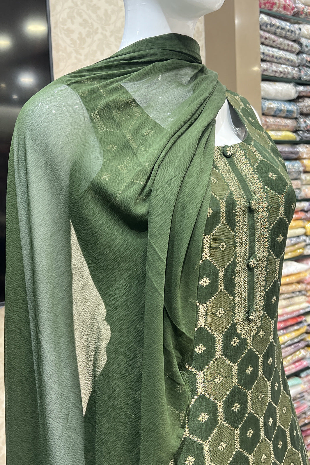 Bottle Green Banaras work Straight Cut Salwar Suit