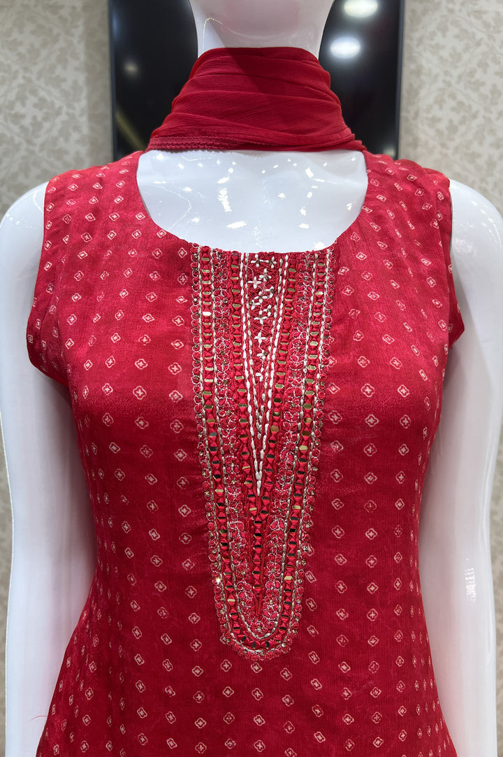 Red Mirror, Thread and Stone work with Digital Print Straight Cut Salwar Suit