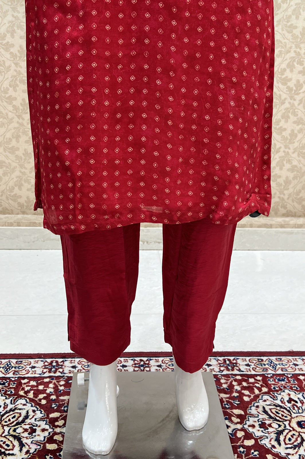 Red Mirror, Thread and Stone work with Digital Print Straight Cut Salwar Suit