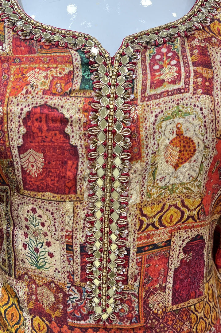 Maroon Banaras and Mirror work with Multicolor Digital Print Straight Cut Salwar Suit