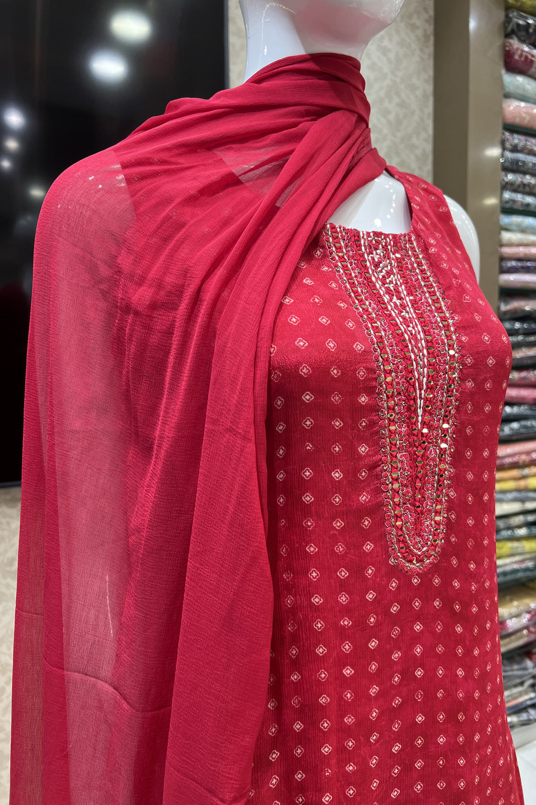 Red Mirror, Thread and Stone work with Digital Print Straight Cut Salwar Suit