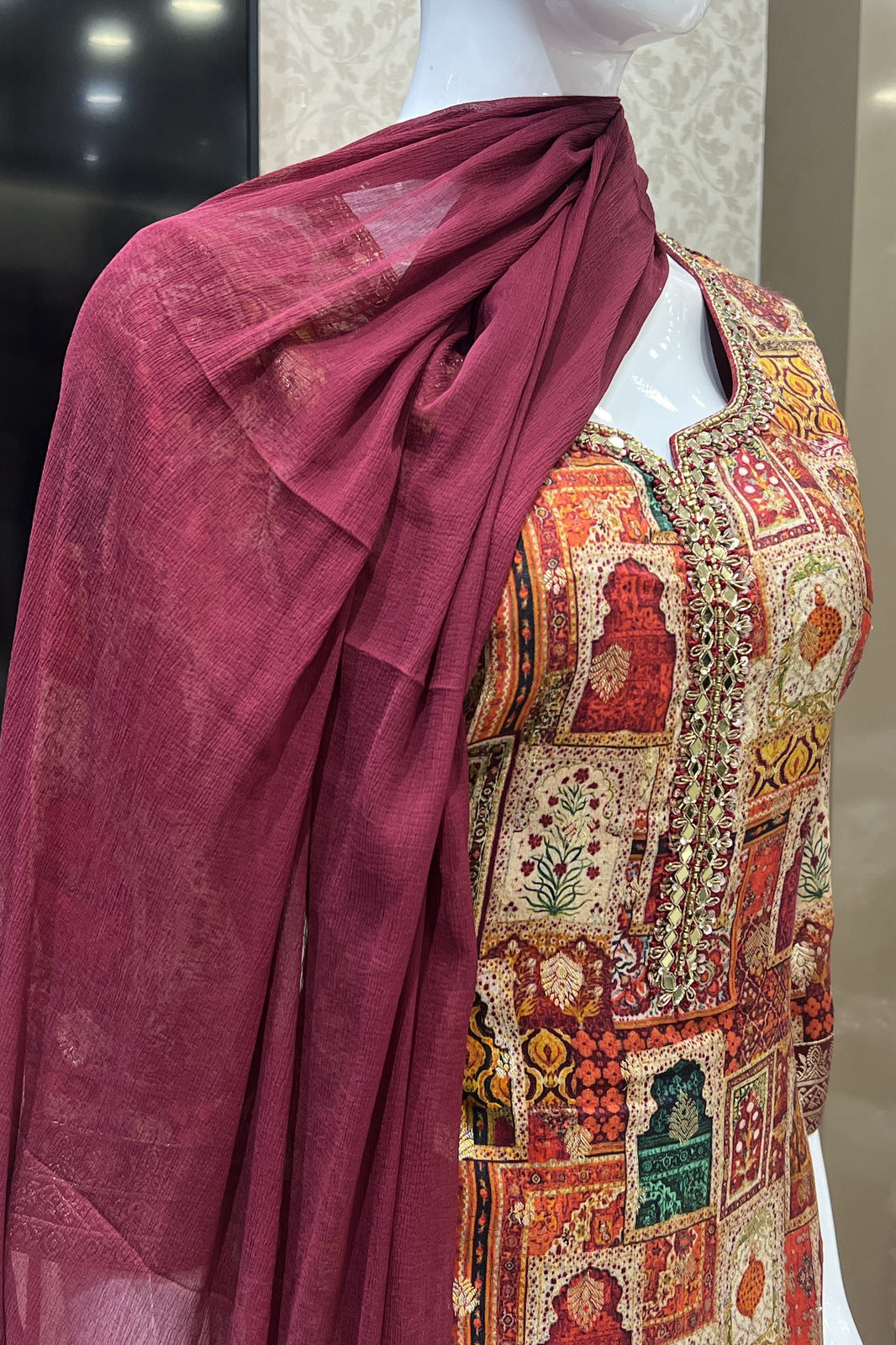 Maroon Banaras and Mirror work with Multicolor Digital Print Straight Cut Salwar Suit