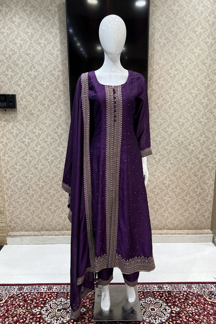 Purple Zari, Thread and Sequins work Anarkali Style Salwar Suit