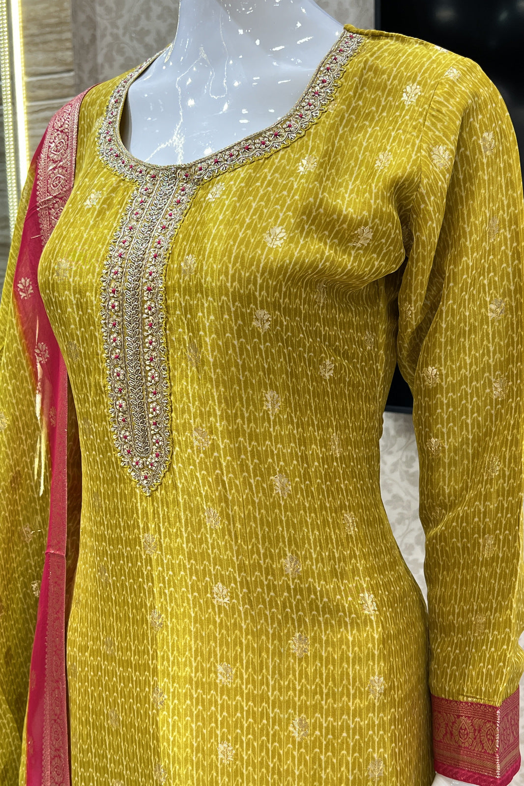 Lemon Green Banaras and Sequins work Organza Straight Cut Salwar Suit